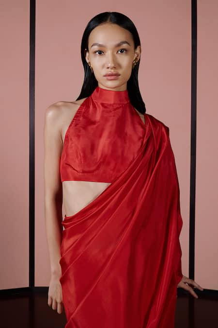 Buy Ekaya Banaras Red Silk Handwoven Saree With Unstitched Blouse Fabric Online at Aza Fashions Buy_Ekaya Banaras_Red Silk Handwoven Saree With Unstitched Blouse Fabric _Online_at_Aza_Fashions