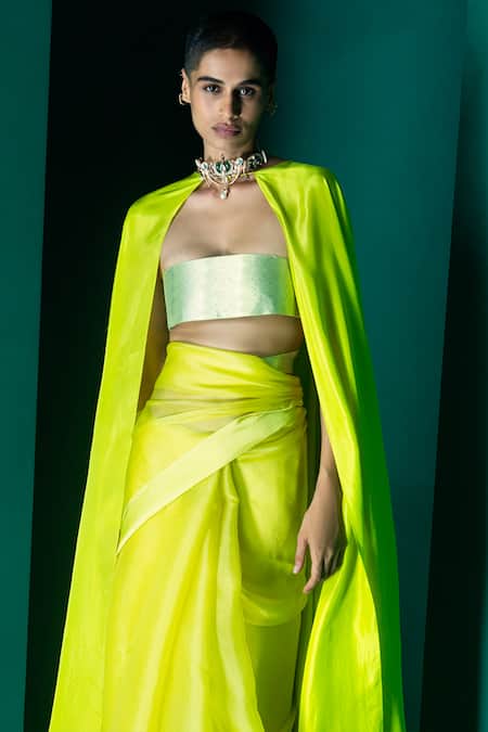 Ekaya Banaras_Yellow Organza Handwoven Solid Saree With Unstitched Blouse Fabric _Online_at_Aza_Fashions