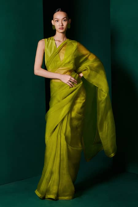 Ekaya Green Organza Solid Handwoven Saree With Unstitched Blouse Fabric  