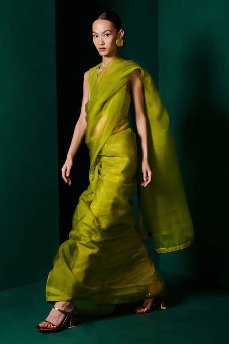 Shop Ekaya Banaras Green Organza Handwoven Saree With Unstitched Blouse Fabric at Aza Fashions Shop_Ekaya Banaras_Green Organza Handwoven Saree With Unstitched Blouse Fabric _at_Aza_Fashions
