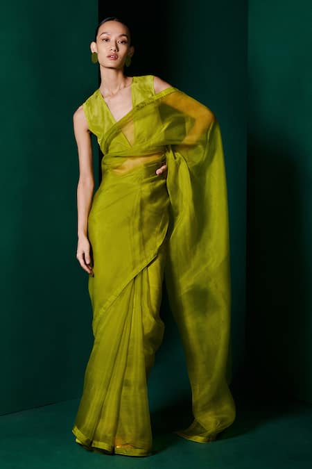 Ekaya Banaras Green Organza Handwoven Saree With Unstitched Blouse Fabric Online at Aza Fashions Ekaya Banaras_Green Organza Handwoven Saree With Unstitched Blouse Fabric _Online_at_Aza_Fashions