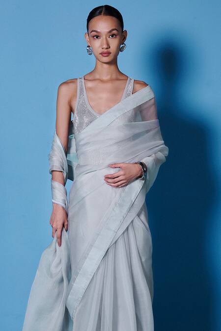 Ekaya Banaras Grey Organza Solid Handwoven Saree With Unstitched Blouse Fabric Online at Aza Fashions Ekaya Banaras_Grey Organza Solid Handwoven Saree With Unstitched Blouse Fabric _Online_at_Aza_Fashions