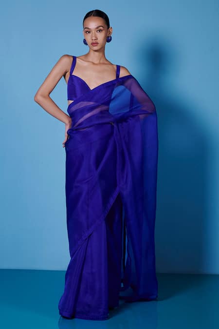 Shop Ekaya Banaras Blue Organza Plain Handwoven Saree With Unstitched Blouse Fabric at Aza Fashions Shop_Ekaya Banaras_Blue Organza Plain Handwoven Saree With Unstitched Blouse Fabric _at_Aza_Fashions