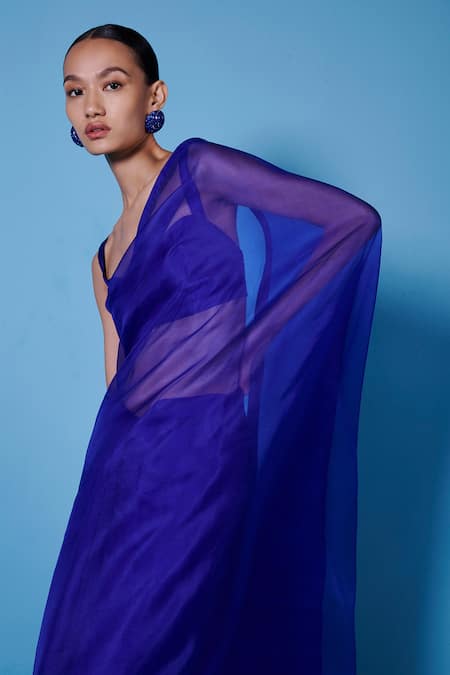 Ekaya Banaras Blue Organza Plain Handwoven Saree With Unstitched Blouse Fabric Online at Aza Fashions Ekaya Banaras_Blue Organza Plain Handwoven Saree With Unstitched Blouse Fabric _Online_at_Aza_Fashions