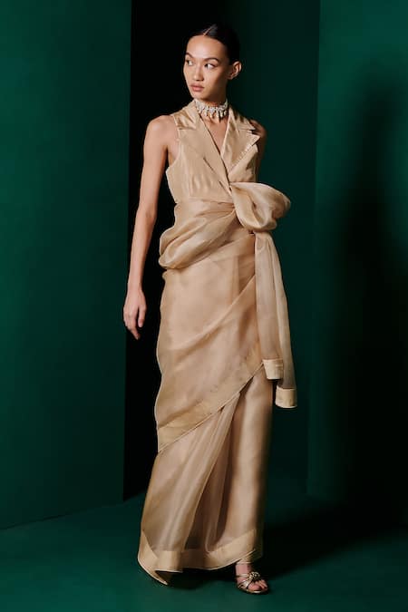 Shop Ekaya Banaras Beige Organza Handwoven Solid Saree With Unstitched Blouse Fabric at Aza Fashions Shop_Ekaya Banaras_Beige Organza Handwoven Solid Saree With Unstitched Blouse Fabric _at_Aza_Fashions