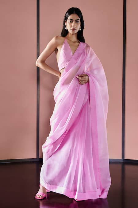 Ekaya Pink Organza Solid Handwoven Plain Saree With Unstitched Blouse Fabric  