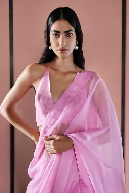 Ekaya Banaras Pink Organza Halter Neck Handwoven Plain Saree With Unstitched Blouse Fabric Online at Aza Fashions Ekaya Banaras_Pink Organza Halter Neck Handwoven Plain Saree With Unstitched Blouse Fabric _Online_at_Aza_Fashions