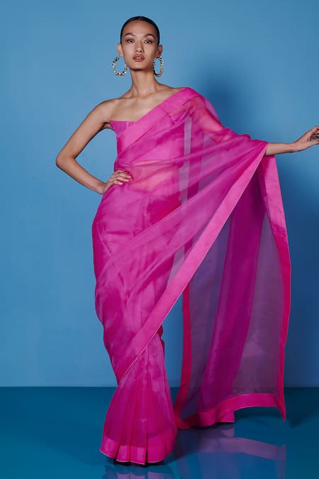 Ekaya Fuchsia Organza Solid Handwoven Saree With Unstitched Blouse Fabric  