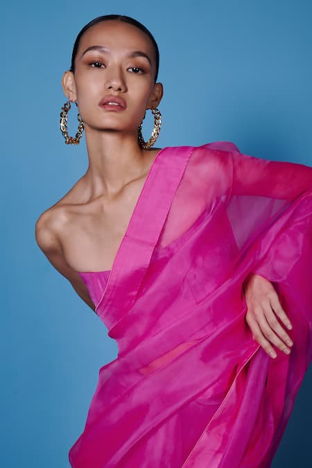 Ekaya Banaras_Fuchsia Organza Solid Handwoven Saree With Unstitched Blouse Fabric _Online_at_Aza_Fashions