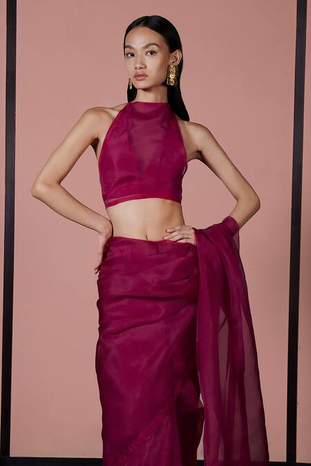 Ekaya Banaras Maroon Organza Plain Handwoven Saree With Unstitched Blouse Fabric Online at Aza Fashions Ekaya Banaras_Maroon Organza Plain Handwoven Saree With Unstitched Blouse Fabric _Online_at_Aza_Fashions