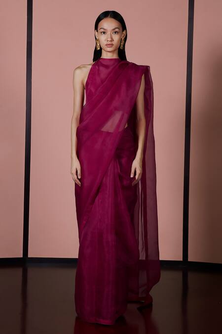 Buy Ekaya Banaras Maroon Organza Plain Handwoven Saree With Unstitched Blouse Fabric Online at Aza Fashions Buy_Ekaya Banaras_Maroon Organza Plain Handwoven Saree With Unstitched Blouse Fabric _Online_at_Aza_Fashions