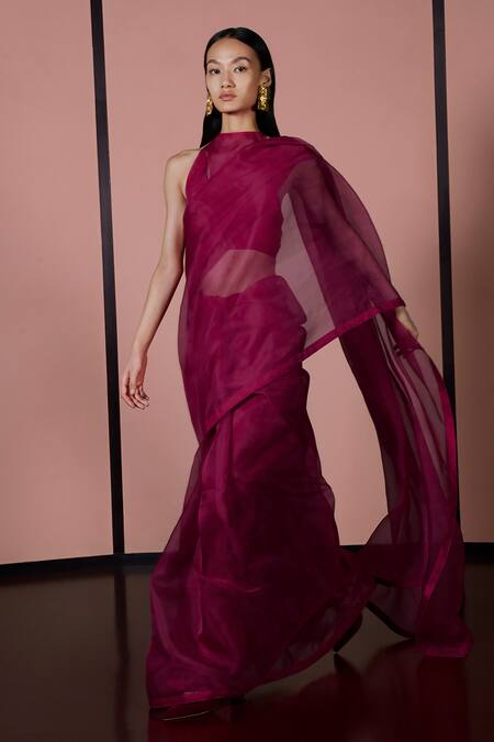 Shop Ekaya Banaras Maroon Organza Plain Handwoven Saree With Unstitched Blouse Fabric Online at Aza Fashions Shop_Ekaya Banaras_Maroon Organza Plain Handwoven Saree With Unstitched Blouse Fabric _Online_at_Aza_Fashions