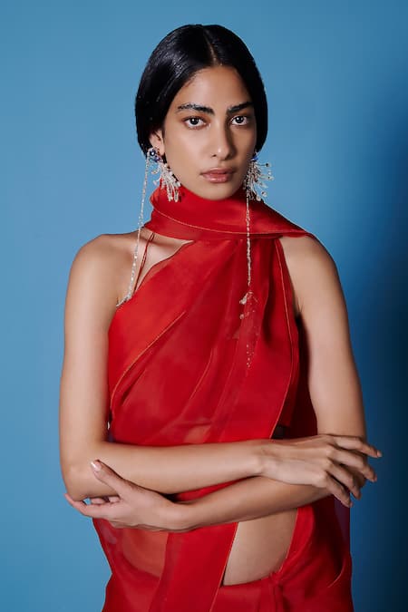Ekaya Banaras Red Organza Handwoven Solid Saree With Unstitched Blouse Fabric Online at Aza Fashions Ekaya Banaras_Red Organza Handwoven Solid Saree With Unstitched Blouse Fabric _Online_at_Aza_Fashions