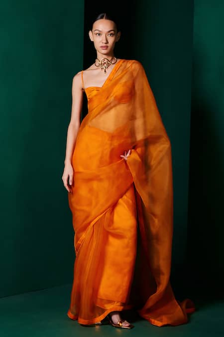 Ekaya Orange Organza Handwoven Plain Saree With Unstitched Blouse Fabric  