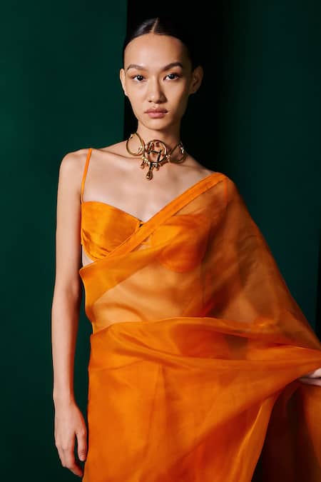 Buy_Ekaya Banaras_Orange Organza Handwoven Plain Saree With Unstitched Blouse Fabric _Online_at_Aza_Fashions