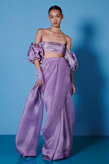 Shop Ekaya Banaras Purple Organza Handwoven Saree With Unstitched Blouse Fabric at Aza Fashions Shop_Ekaya Banaras_Purple Organza Handwoven Saree With Unstitched Blouse Fabric _at_Aza_Fashions