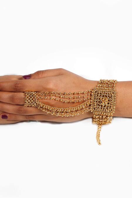 Vaidaan_Gold Plated Pearls, Beads, Embroidery Alani Embellished Hathphool _Online_at_Aza_Fashions