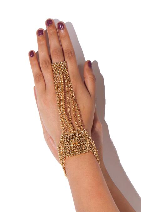 Buy_Vaidaan_Gold Plated Pearls, Beads, Embroidery Alani Embellished Hathphool _Online_at_Aza_Fashions