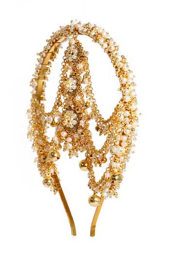 Vaidaan_Cream Beads, Embroidery, Rhinestones Gold And Shell Pearl Hairband _Online_at_Aza_Fashions