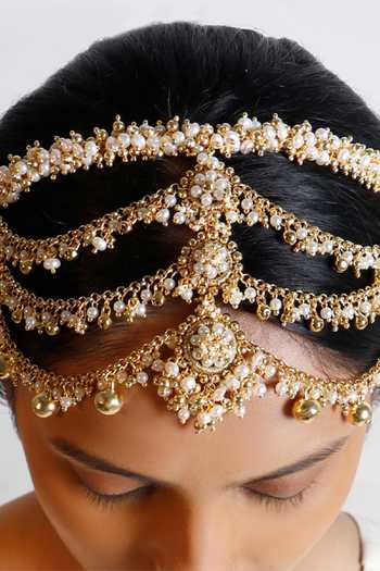 Buy_Vaidaan_Cream Beads, Embroidery, Rhinestones Gold And Shell Pearl Hairband _Online_at_Aza_Fashions