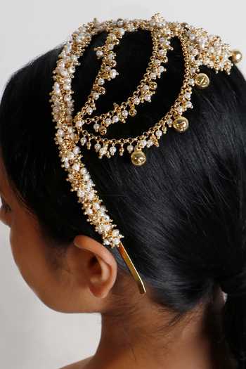 Shop_Vaidaan_Cream Beads, Embroidery, Rhinestones Gold And Shell Pearl Hairband _Online_at_Aza_Fashions