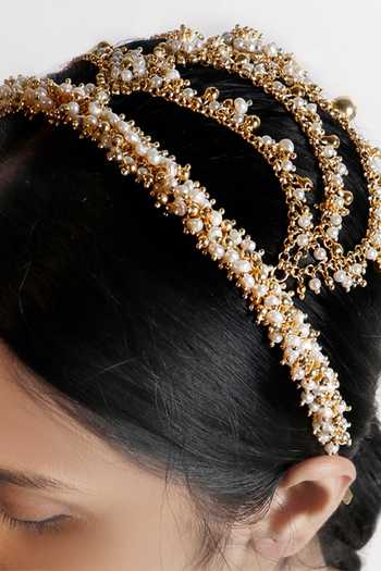 Vaidaan_Cream Beads, Embroidery, Rhinestones Gold And Shell Pearl Hairband _at_Aza_Fashions