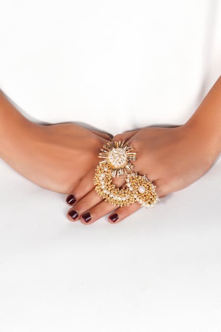 Vaidaan Gold Plated Bead Malika Pearl Embroidered Ring 