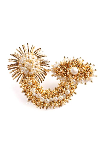 Shop_Vaidaan_Gold Plated Pearls, Beads, Embroidery Malika Ring _at_Aza_Fashions