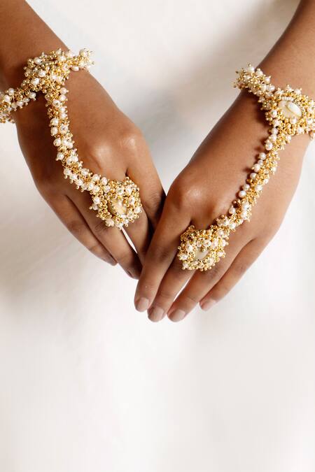 Vaidaan_Gold Plated Pearls, Beads Chandralekha Shell Embroidered Hathphool_Online_at_Aza_Fashions