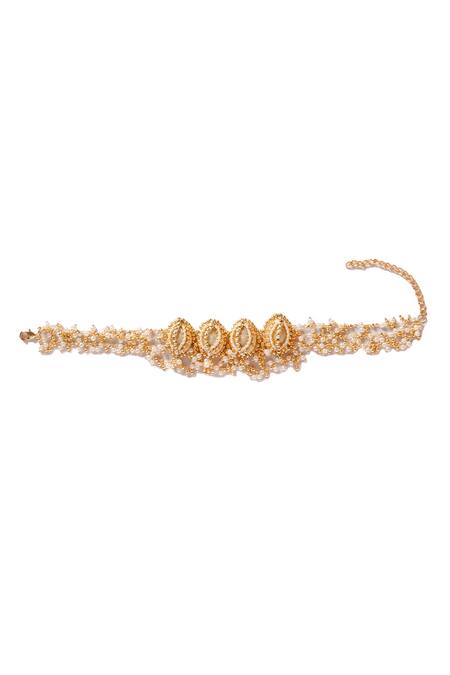 Shop Vaidaan Gold Plated Gavya Shell Pearl Embroidered Pendant Choker at Aza Fashions Shop_Vaidaan_Gold Plated Gavya Shell Pearl Embroidered Pendant Choker_at_Aza_Fashions
