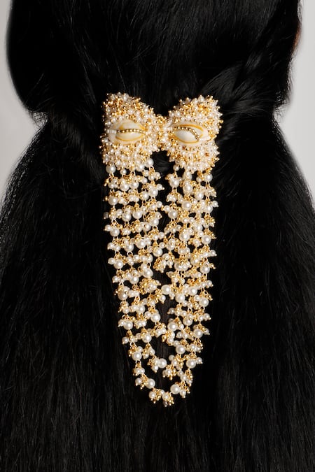 Vaidaan_Gold Beads, Pearls Mrinal Embroidered Hair Accessory _Online_at_Aza_Fashions
