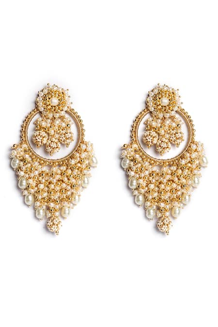 Shop Vaidaan Gold Plated Embroidery, Beads, Pearls Madani Earrings at Aza Fashions Shop_Vaidaan_Gold Plated Embroidery, Beads, Pearls Madani Earrings _at_Aza_Fashions