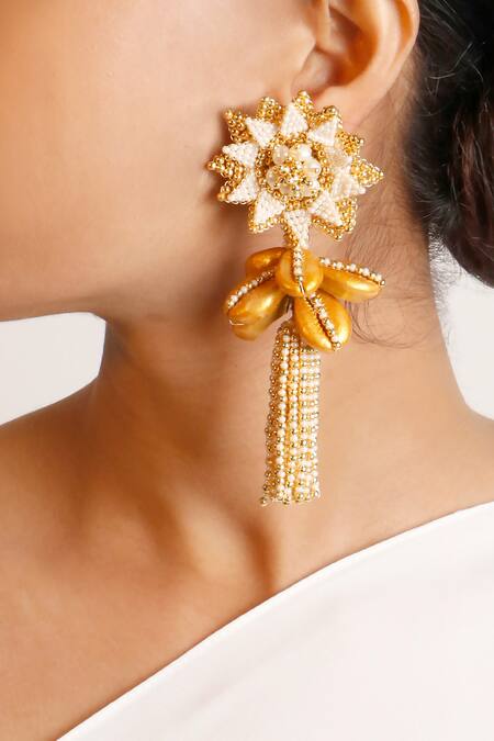 Buy Online Brass Beads with Light Pink Thread Work Earrings - Ritikart