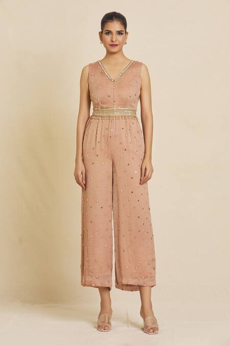 Buy_Priti Sahni_Beige Georgette Beads, Mirrors, Zari, Hand Embroidered Jumpsuit With Belt _Online_at_Aza_Fashions