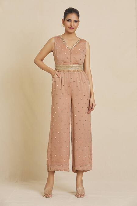 Shop_Priti Sahni_Beige Georgette Beads, Mirrors, Zari, Hand Embroidered Jumpsuit With Belt _Online_at_Aza_Fashions