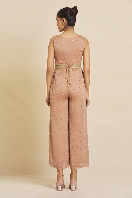 Priti Sahni_Beige Georgette Beads, Mirrors, Zari, Hand Embroidered Jumpsuit With Belt _Online_at_Aza_Fashions