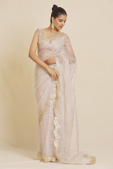 Buy_Priti Sahni_Purple Silk, Organza Sequins, Beads V-neck Embroidered Saree With Blouse _Online_at_Aza_Fashions