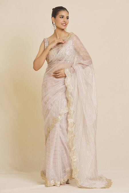 Priti Sahni_Purple Silk, Organza Sequins, Beads V-neck Embroidered Saree With Blouse _at_Aza_Fashions