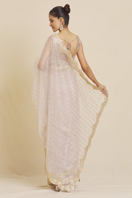 Priti Sahni_Purple Silk, Organza Sequins, Beads V-neck Embroidered Saree With Blouse _Online_at_Aza_Fashions