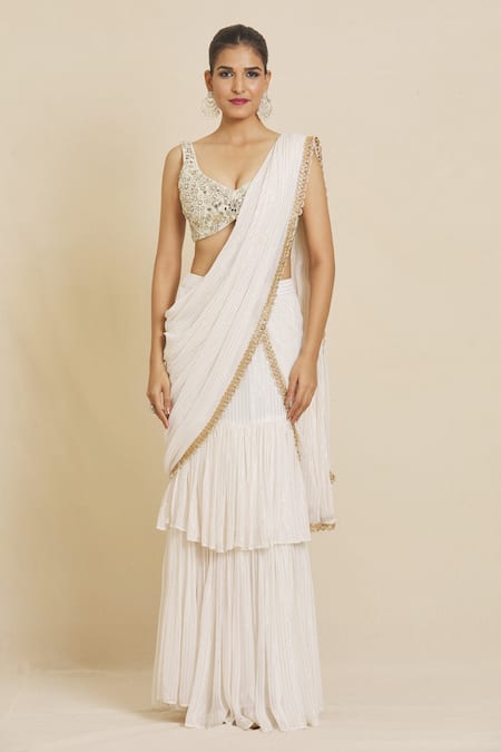 Buy Priti Sahni Ivory Georgette, Silk Pearls, Pre-stitched Saree With Hand Embroidered Blouse Online at Aza Fashions Buy_Priti Sahni_Ivory Georgette, Silk Pearls, Pre-stitched Saree With Hand Embroidered Blouse _Online_at_Aza_Fashions