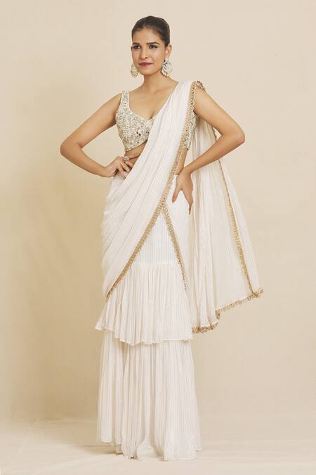 Shop Priti Sahni Ivory Georgette, Silk Pearls, Pre-stitched Saree With Hand Embroidered Blouse Online at Aza Fashions Shop_Priti Sahni_Ivory Georgette, Silk Pearls, Pre-stitched Saree With Hand Embroidered Blouse _Online_at_Aza_Fashions