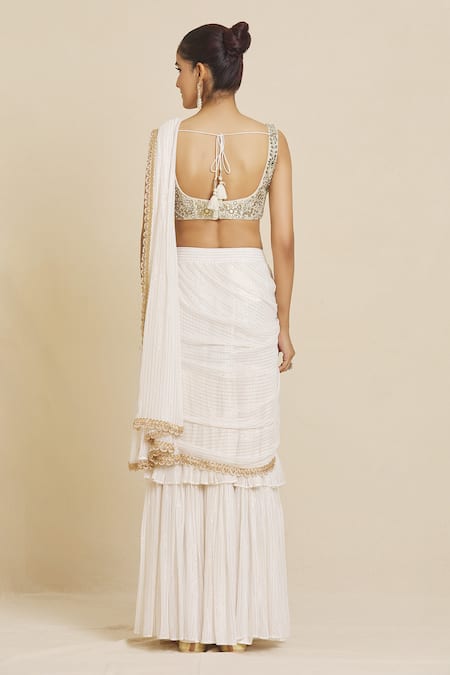 Priti Sahni Ivory Georgette, Silk Pearls, Pre-stitched Saree With Hand Embroidered Blouse Online at Aza Fashions Priti Sahni_Ivory Georgette, Silk Pearls, Pre-stitched Saree With Hand Embroidered Blouse _Online_at_Aza_Fashions