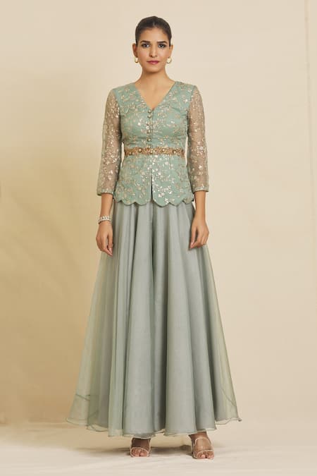 Buy Priti Sahni Green Organza Embroidery V-neck Peplum Top And Palazzo Set Online at Aza Fashions Buy_Priti Sahni_Green Organza Embroidery V-neck Peplum Top And Palazzo Set _Online_at_Aza_Fashions
