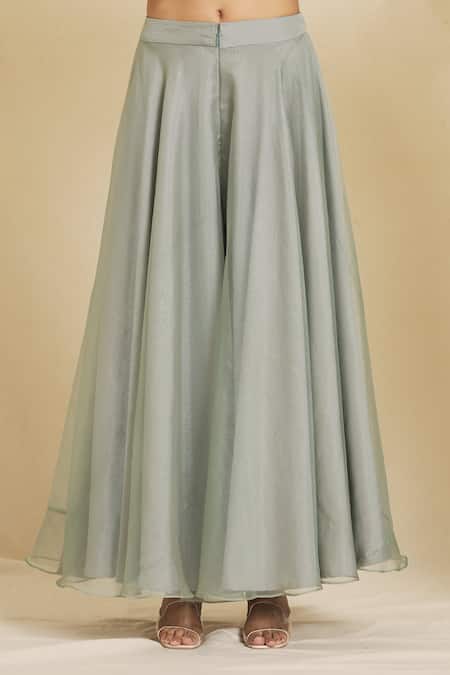 Shop Priti Sahni Green Organza Embroidery V-neck Peplum Top And Palazzo Set Online at Aza Fashions Shop_Priti Sahni_Green Organza Embroidery V-neck Peplum Top And Palazzo Set _Online_at_Aza_Fashions