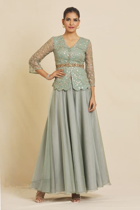 Priti Sahni Green Organza Embroidery V-neck Peplum Top And Palazzo Set at Aza Fashions Priti Sahni_Green Organza Embroidery V-neck Peplum Top And Palazzo Set _at_Aza_Fashions