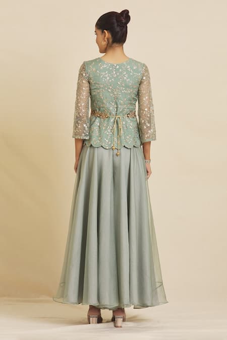 Priti Sahni Green Organza Embroidery V-neck Peplum Top And Palazzo Set Online at Aza Fashions Priti Sahni_Green Organza Embroidery V-neck Peplum Top And Palazzo Set _Online_at_Aza_Fashions
