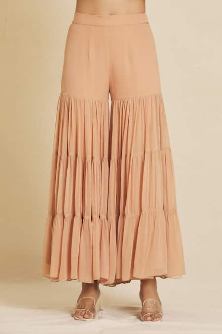 Buy_Priti Sahni_Beige Silk, Georgette Beads, Pearls, Sequins Plunge Embroidered Cape Sharara Set _Online_at_Aza_Fashions