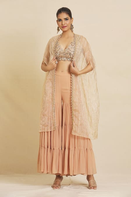 Priti Sahni_Beige Silk, Georgette Beads, Pearls, Sequins Plunge Embroidered Cape Sharara Set _at_Aza_Fashions