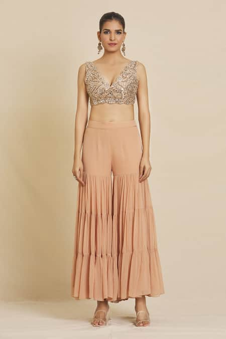 Buy_Priti Sahni_Beige Silk, Georgette Beads, Pearls, Sequins Plunge Embroidered Cape Sharara Set 