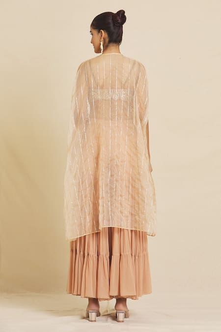 Priti Sahni_Beige Silk, Georgette Beads, Pearls, Sequins Plunge Embroidered Cape Sharara Set _Online_at_Aza_Fashions